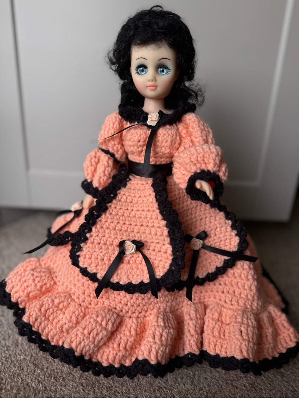 Vintage Sleepy Eye Plastic Doll With Beautiful Crochet Dress